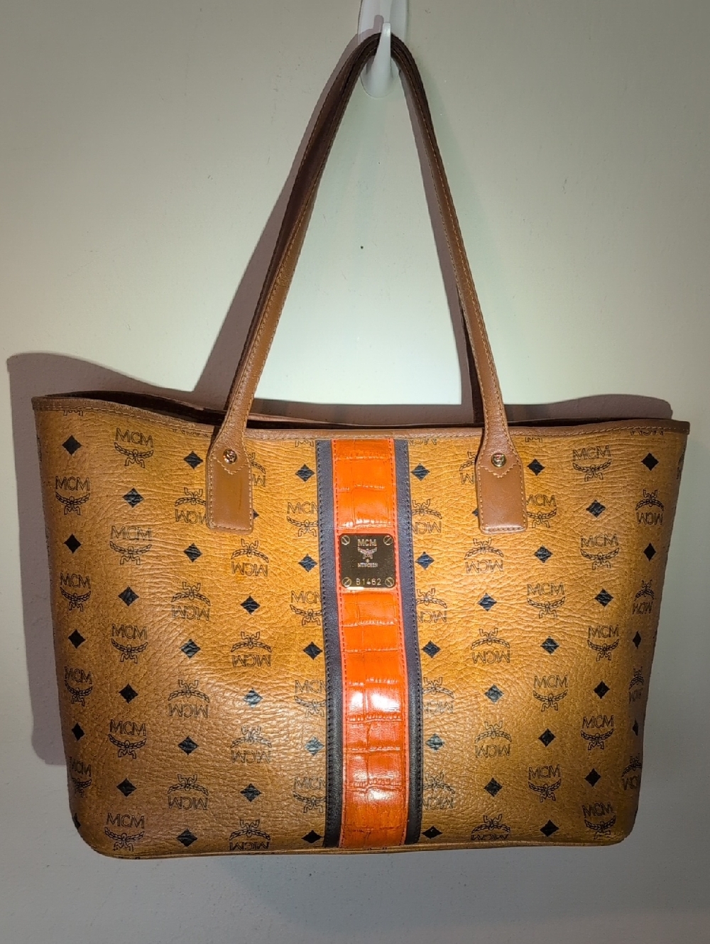 MCM Orange Stripe Shoulder Medium Tote Bag In Good Condition!